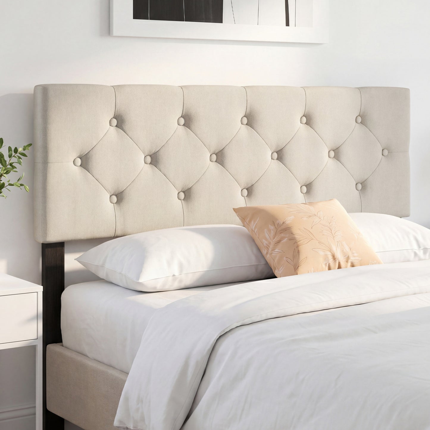 Beige upholstered queen/full size tufted linen fabric headboard with padded mount panel for bedroom bed frame.