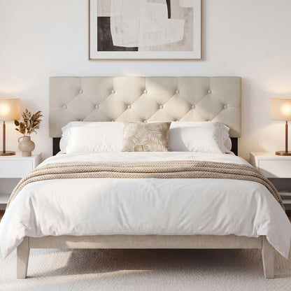 Beige upholstered tufted queen/full size linen fabric headboard with mount panel, designed for stylish bedroom bed frames.