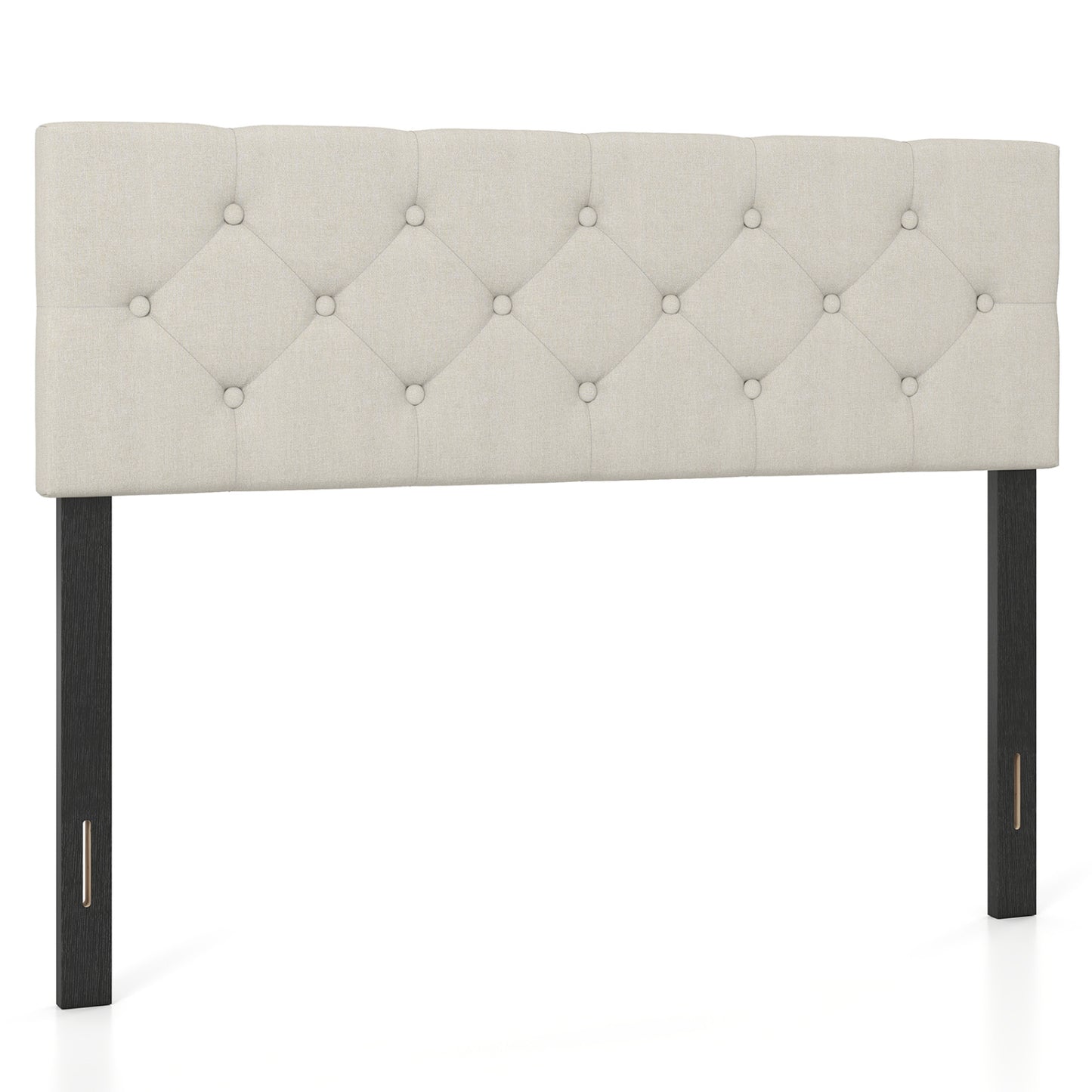 Beige upholstered queen/full size tufted linen fabric headboard with padded mount panel for bed frame, stylish bedroom furniture.