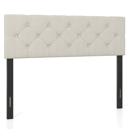Beige upholstered queen/full size tufted linen fabric headboard with padded mount panel for bed frame, stylish bedroom furniture.