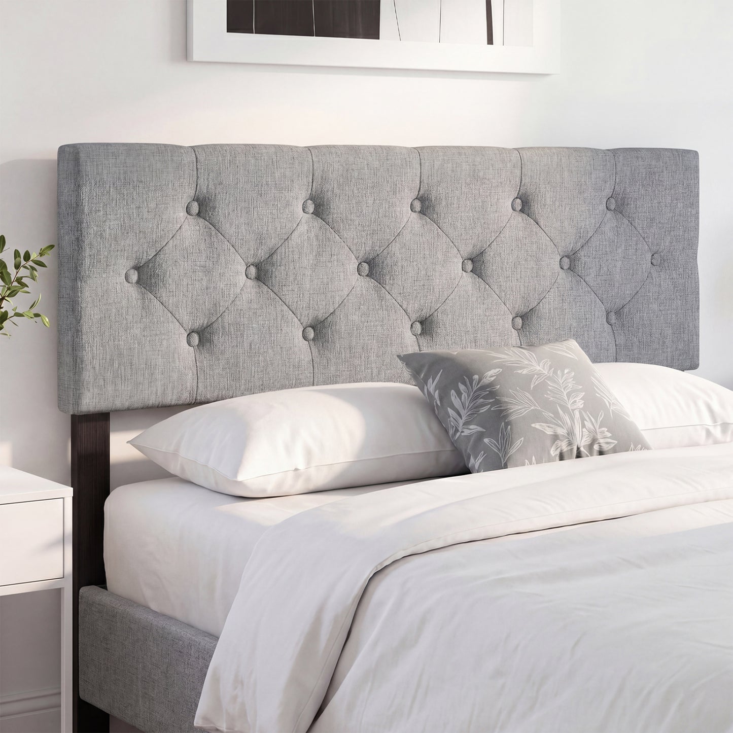Beige upholstered queen/full size tufted linen fabric headboard with mount panel for a modern bedroom bed frame.