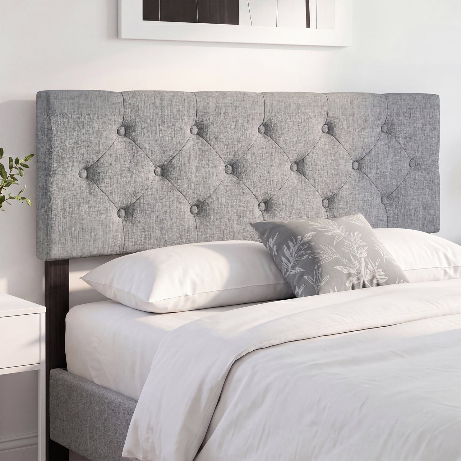 Beige upholstered queen/full size tufted linen fabric headboard with mount panel for a modern bedroom bed frame.