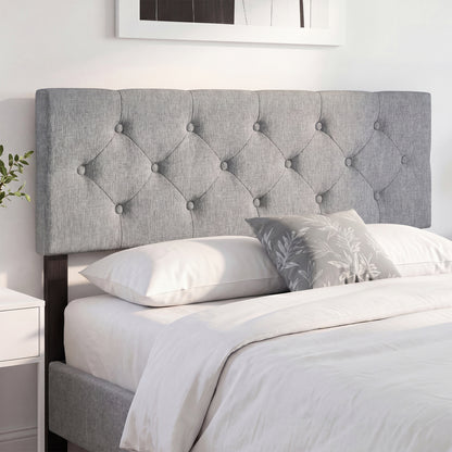 Beige upholstered queen/full size tufted linen fabric headboard with mount panel for a modern bedroom bed frame.