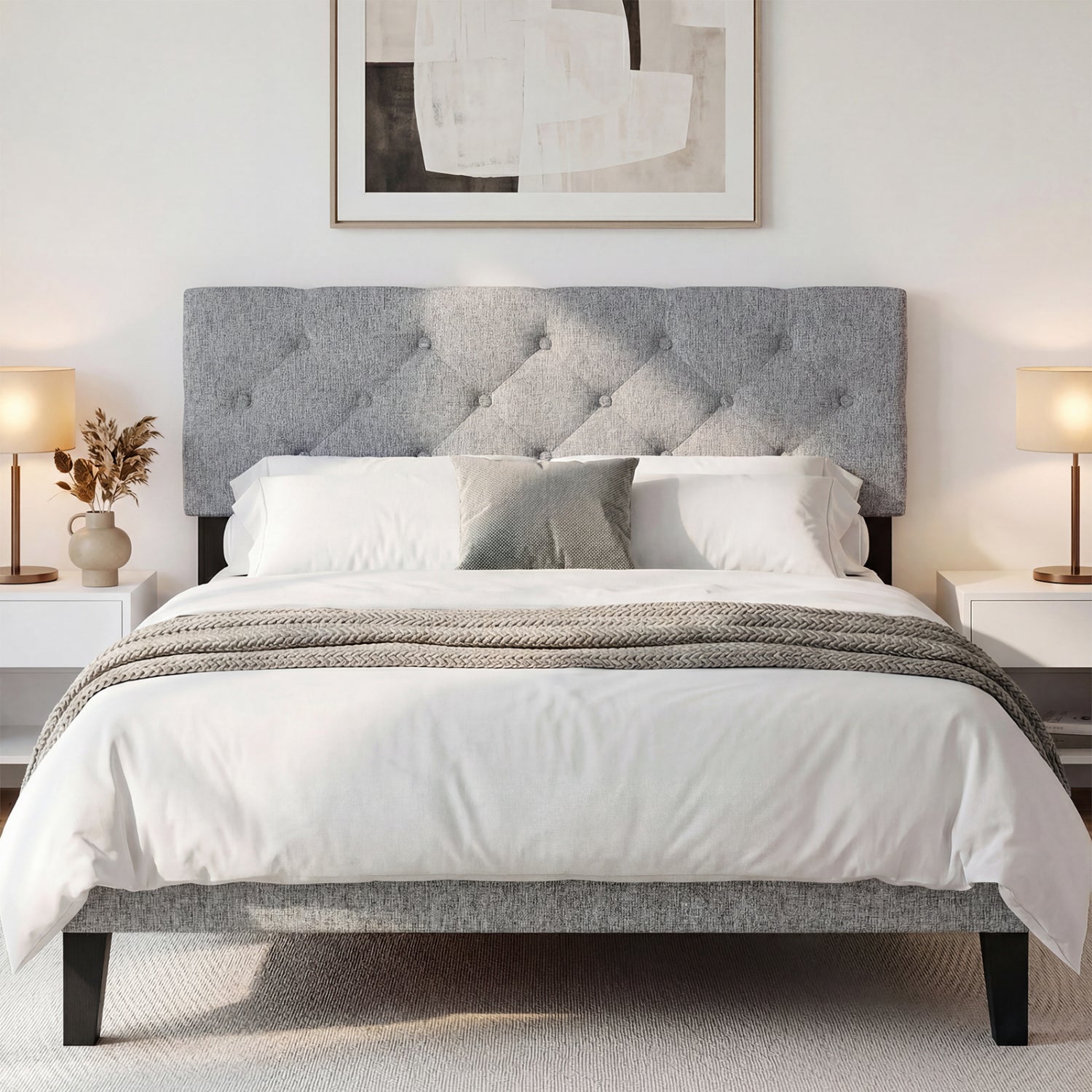 Beige upholstered queen/full size tufted linen fabric headboard with mounting panel, modern bedroom furniture by Wilsons Home Store