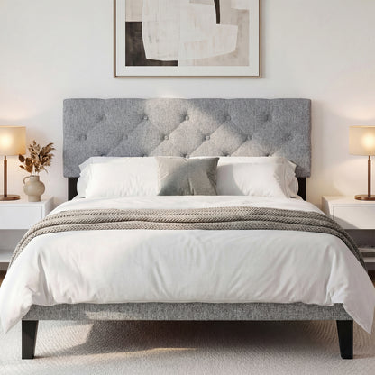 Beige upholstered queen/full size tufted linen fabric headboard with mounting panel, modern bedroom furniture by Wilsons Home Store