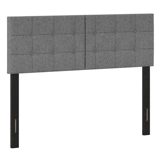 Dark gray upholstered headboard with adjustable width for full and queen beds, featuring a soft fabric finish and modern design.