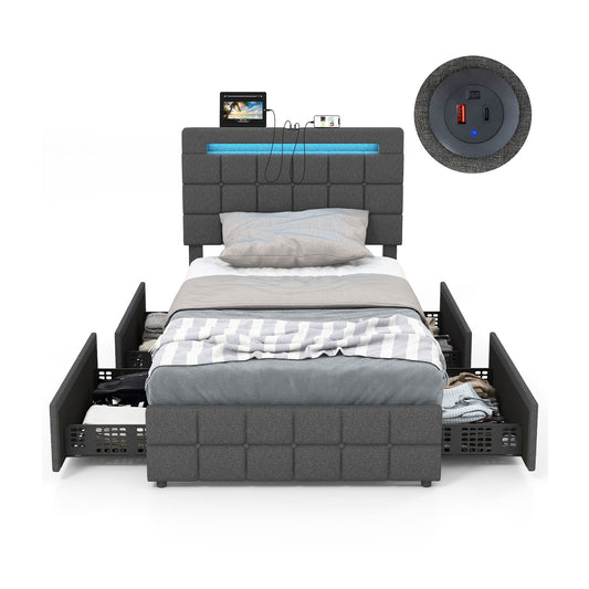 Twin size upholstered LED bed frame with headboard and four drawers, modern bedroom furniture by Wilsons Home Store