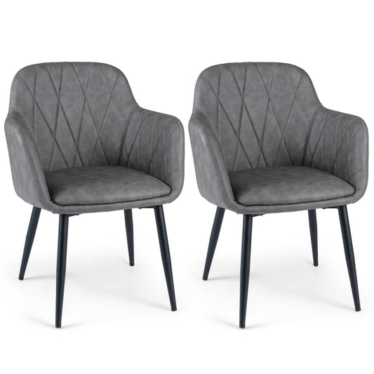 Set of 2 gray upholstered PU leather kitchen dining chairs with curved back and wide seat, modern furniture by Wilsons Home Store.