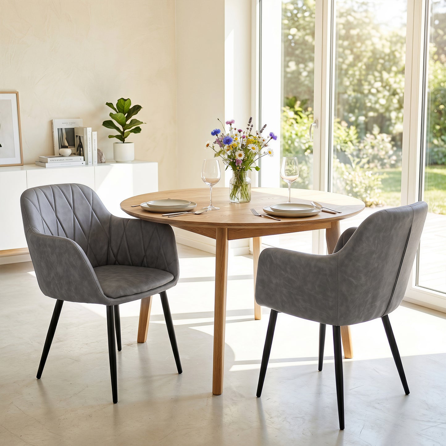Upholstered PU Leather Kitchen Chairs Set of 2 with Curved Back and Wide Seat-Gray