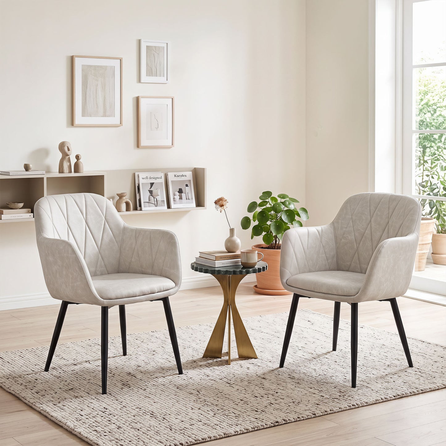 Upholstered PU Leather Kitchen Chairs Set of 2 with Curved Back and Wide Seat-Gray