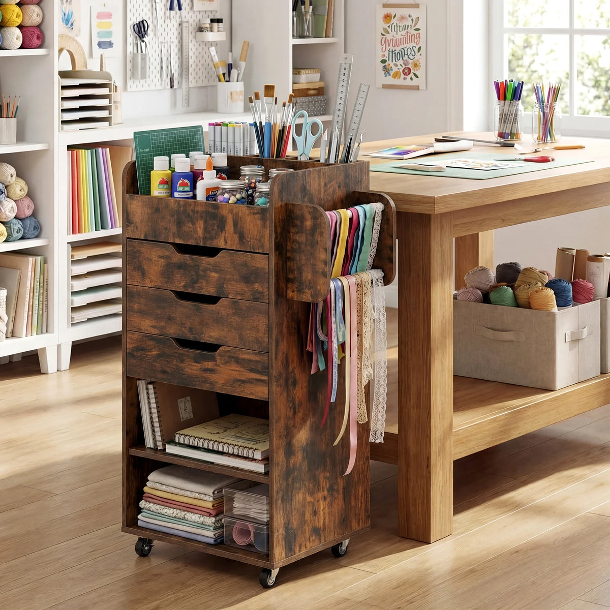 Basic Trolley Utility Trolley with Open Shelves and 3 Drawers-Rustic Brown – Direct ...