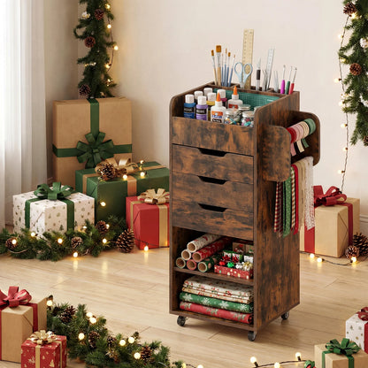 Utility Trolley with Open Shelves and 3 Drawers-Rustic Brown