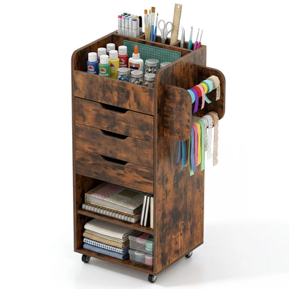 Utility Trolley with Open Shelves and 3 Drawers-Rustic Brown
