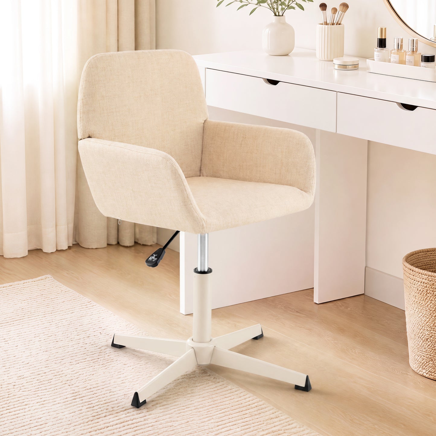 Vanity Chair with Back 360° Swivel Armchair w/ Adjustable Height for Home Office-Beige