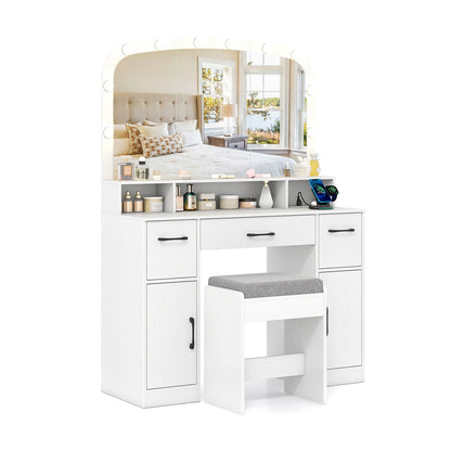 Vanity Desk Makeup Table with Stool 3-Color Lights and Charging Station-Rustic Brown