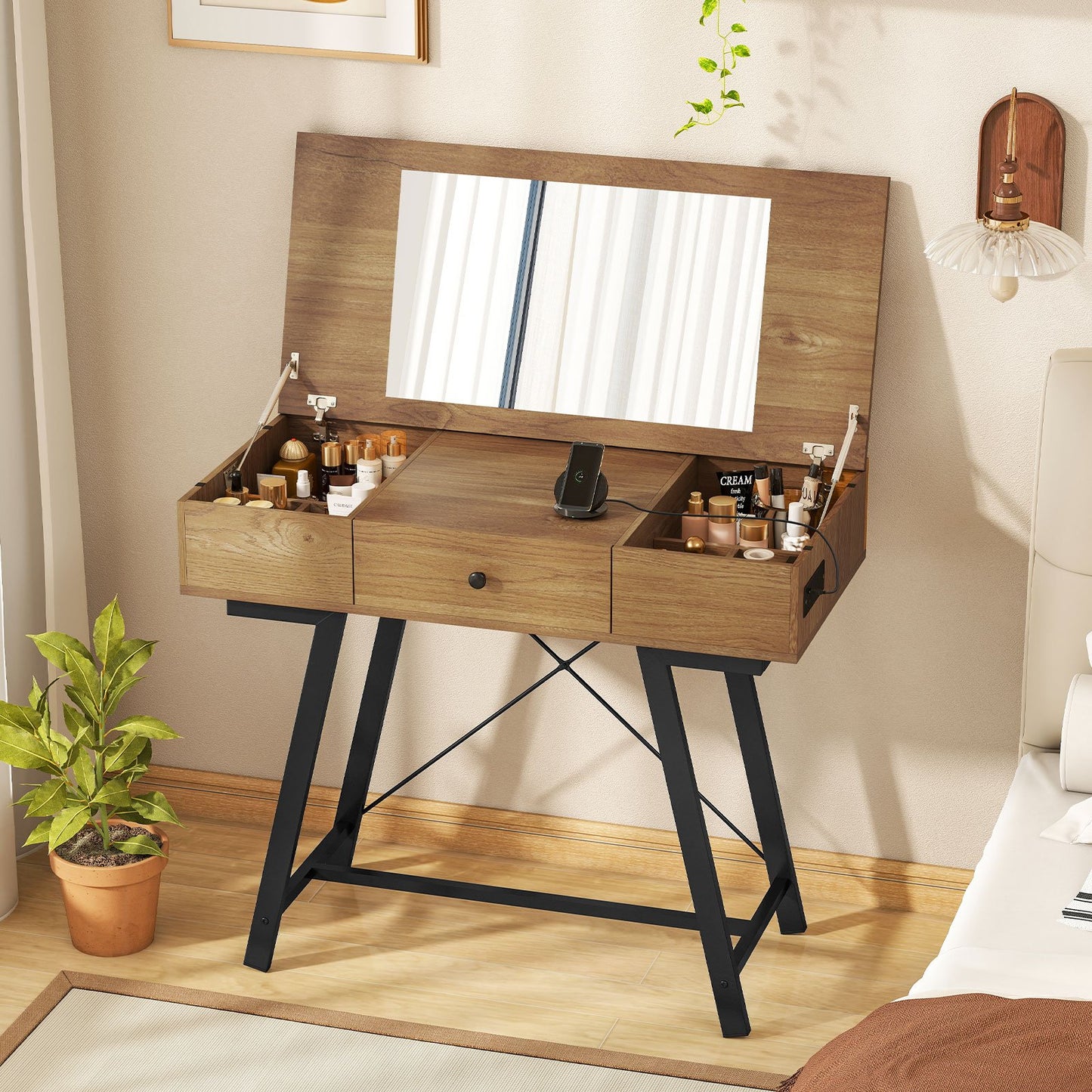 Vanity Desk with Flip Top Mirror Makeup Dressing Table-Rustic Brown