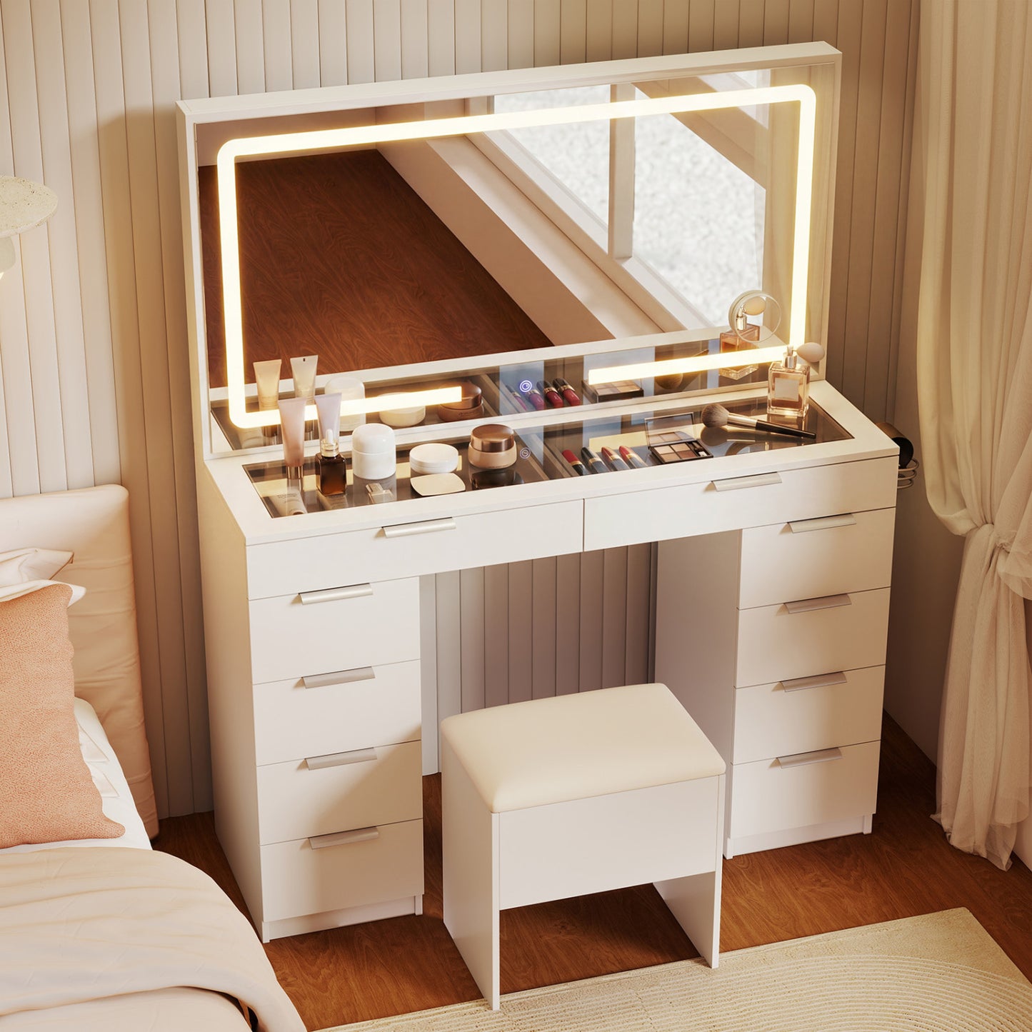 Vanity Desk with Mirror & Lights and Stool with Charging Station for Makeup-White