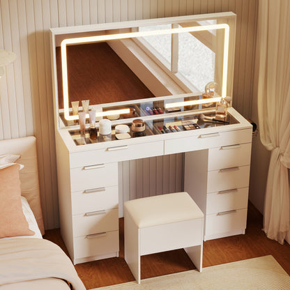 Vanity Desk with Mirror & Lights and Stool with Charging Station for Makeup-White