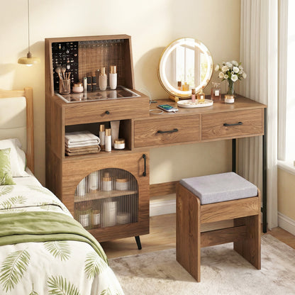 Vanity Desk with Mirror & Lights with Ring Slots & Necklace Hooks for Makeup-Natural & White