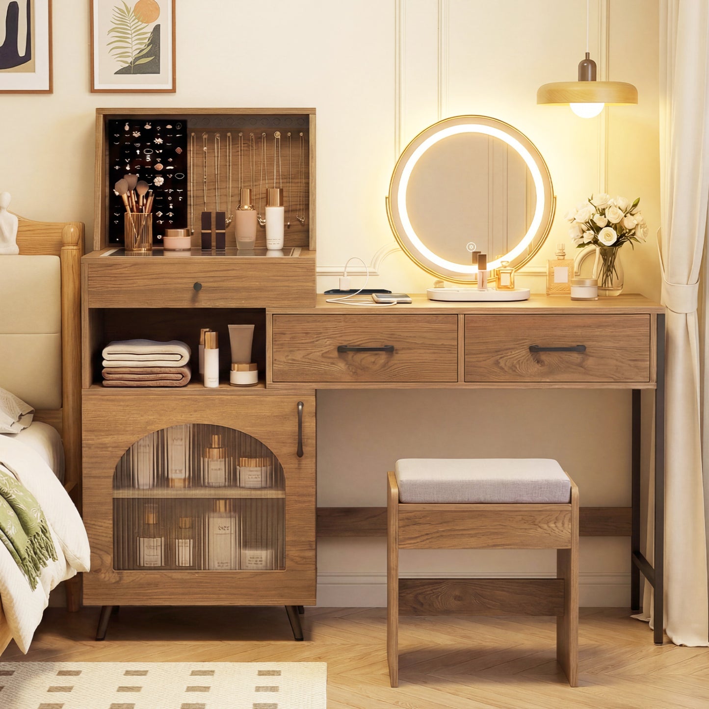 Vanity Desk with Mirror & Lights with Ring Slots & Necklace Hooks for Makeup-Natural & White