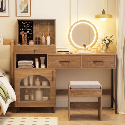 Vanity Desk with Mirror & Lights with Ring Slots & Necklace Hooks for Makeup-Natural & White