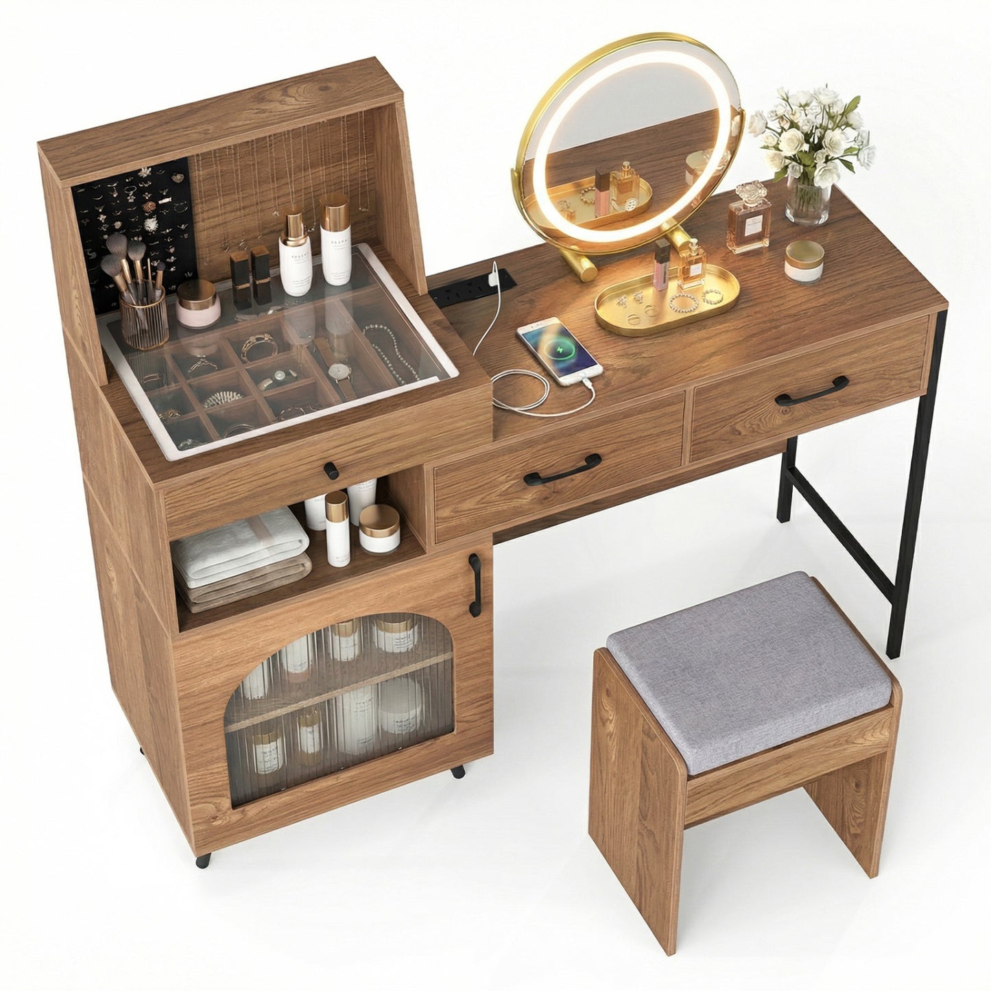 Vanity Desk with Mirror & Lights with Ring Slots & Necklace Hooks for Makeup-Natural & White