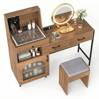 Vanity Desk with Mirror & Lights with Ring Slots & Necklace Hooks for Makeup-Natural & White