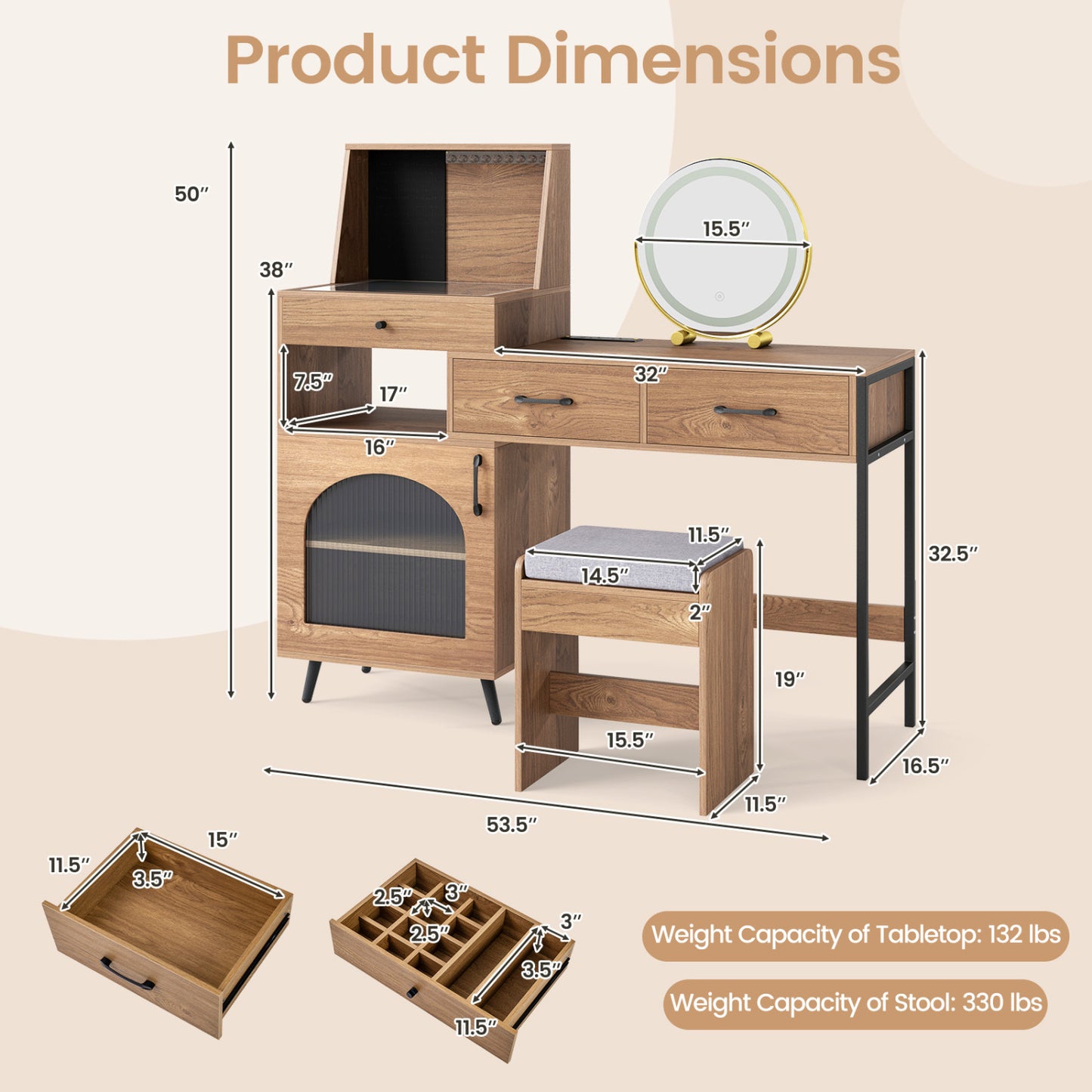 Vanity Desk with Mirror & Lights with Ring Slots & Necklace Hooks for Makeup-Natural & White