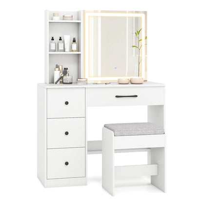 Vanity Desk with Sliding Mirror and Lights Makeup Table and Chair Set with 4 Drawers-White