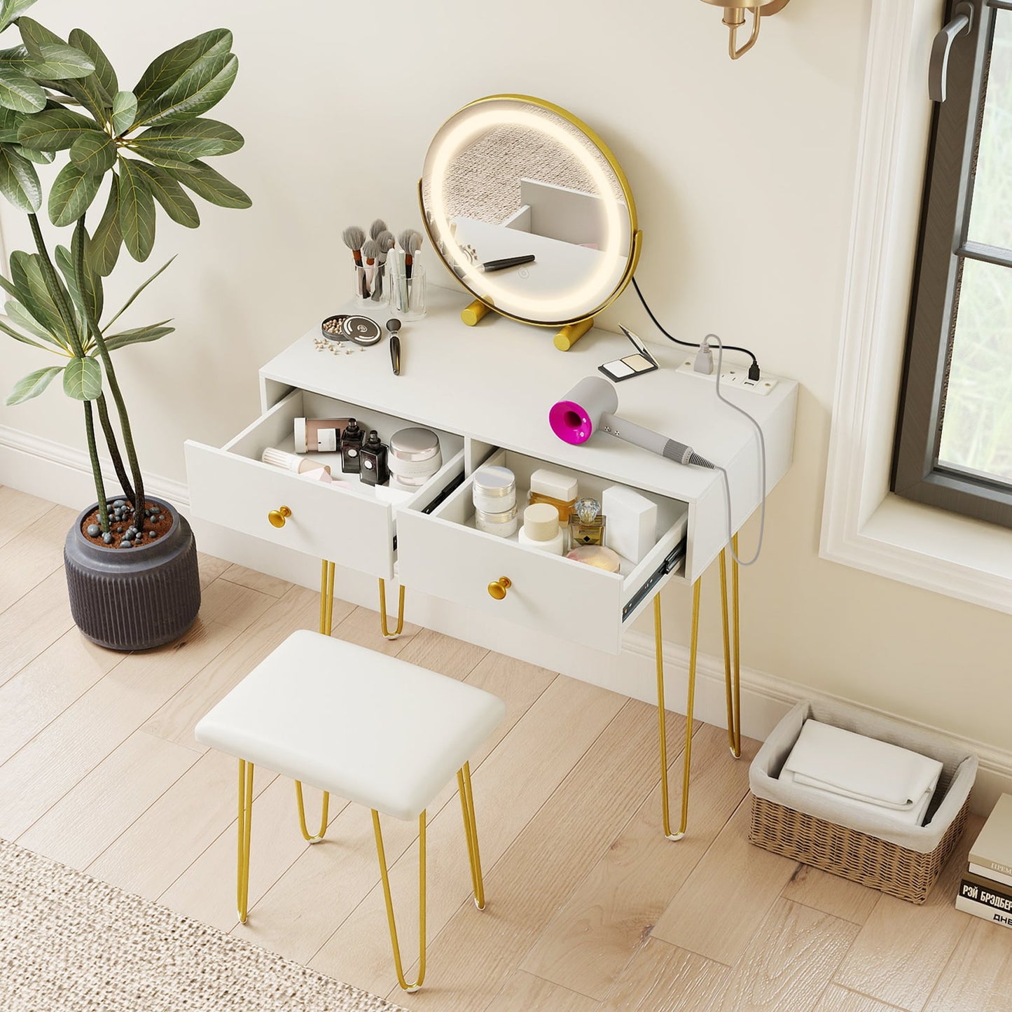 Vanity Desk with with Lighted Adjustable Mirror for Bedroom-White