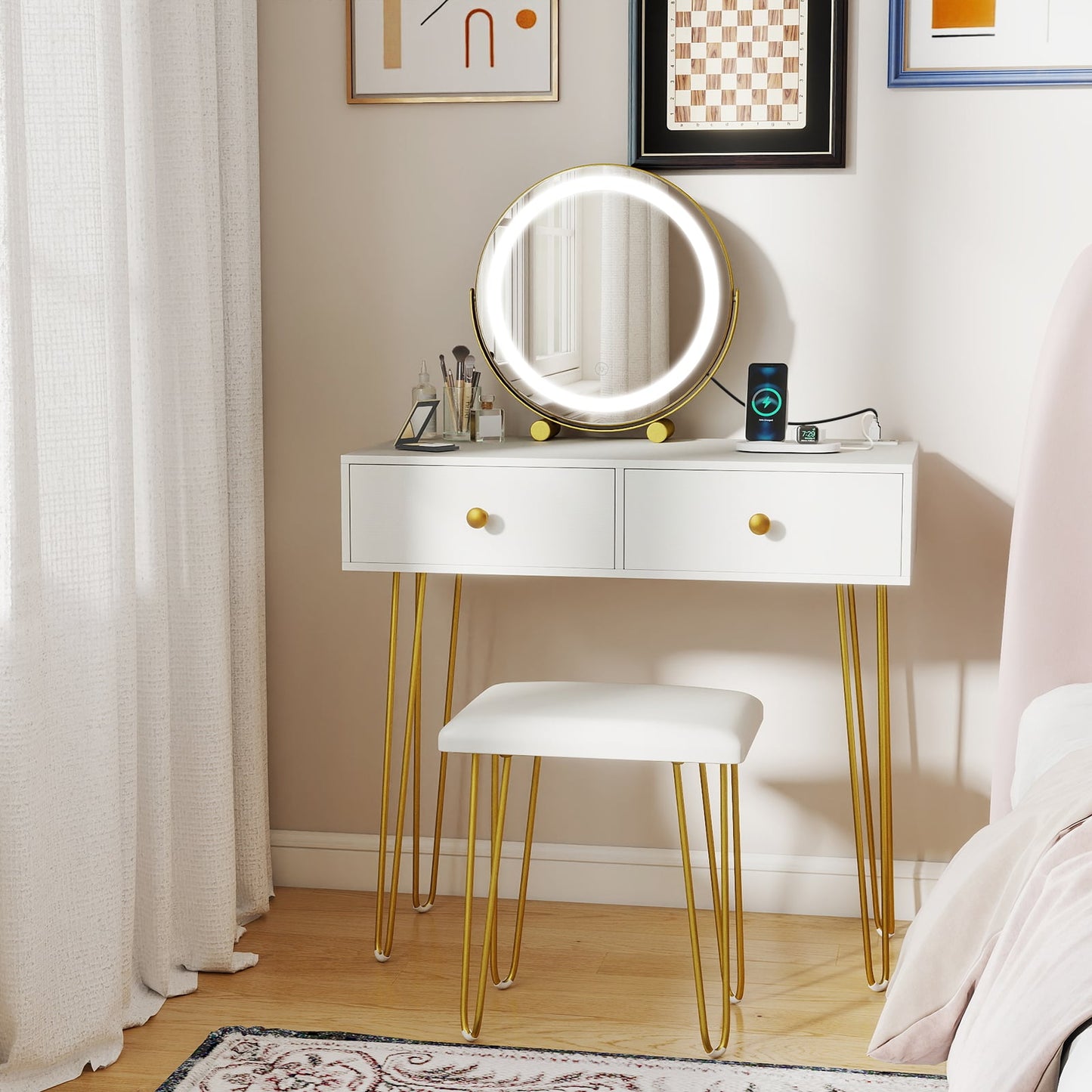 Vanity Desk with with Lighted Adjustable Mirror for Bedroom-White