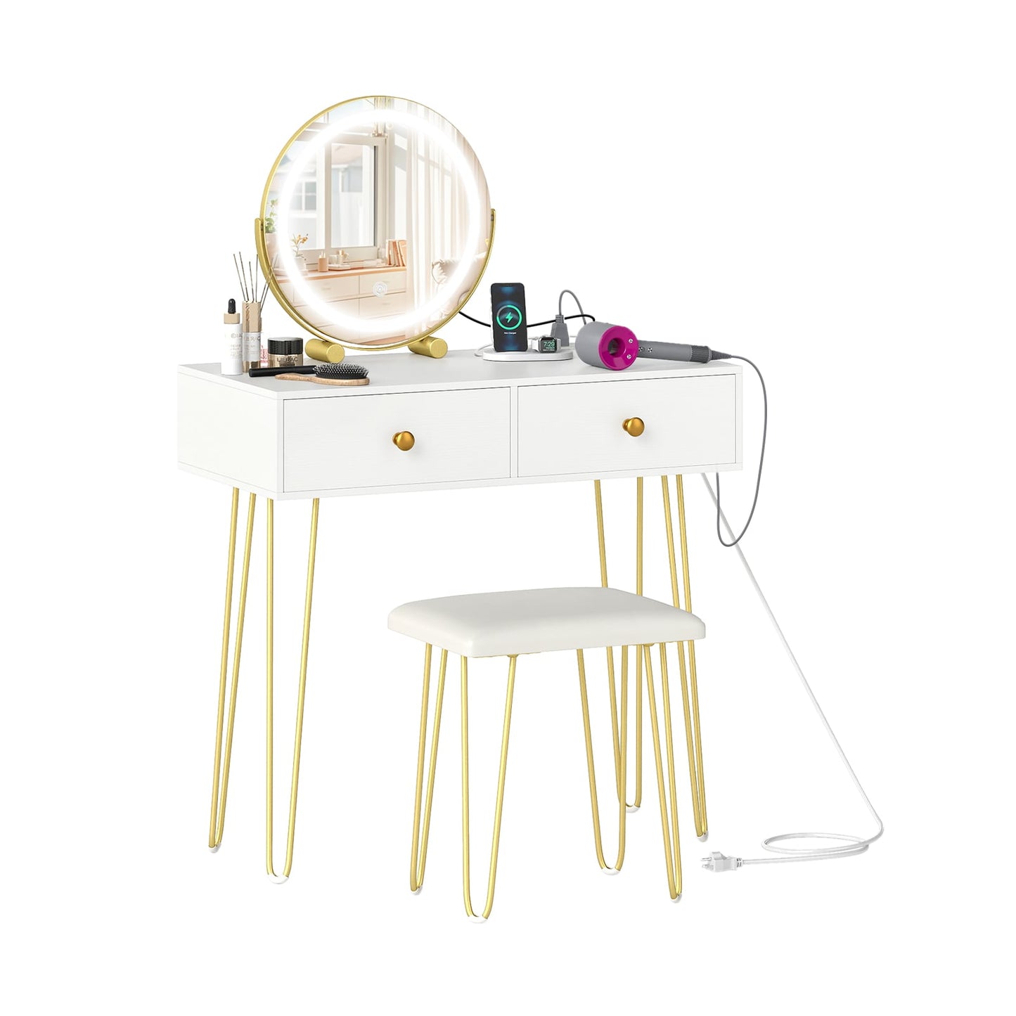 Vanity Desk with with Lighted Adjustable Mirror for Bedroom-White