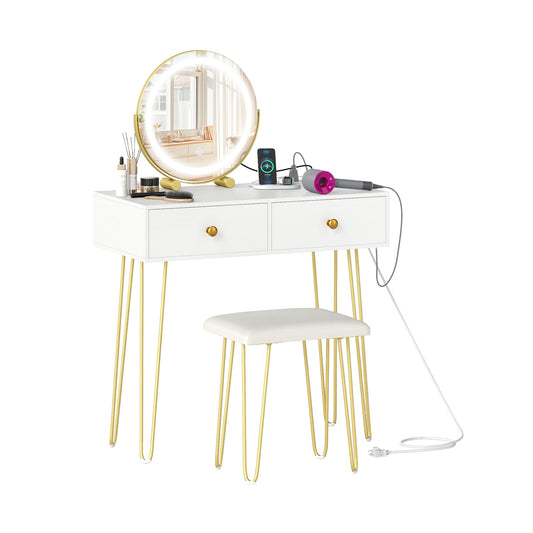 Vanity Desk with with Lighted Adjustable Mirror for Bedroom-White