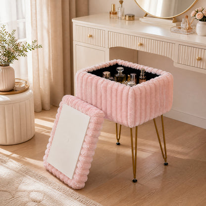 Vanity Stool with Storage and Reversible Lid Faux Fur Upholstered Ottoman-Pink
