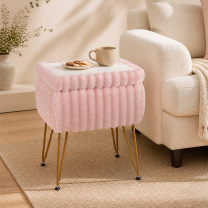 Vanity Stool with Storage and Reversible Lid Faux Fur Upholstered Ottoman-Pink