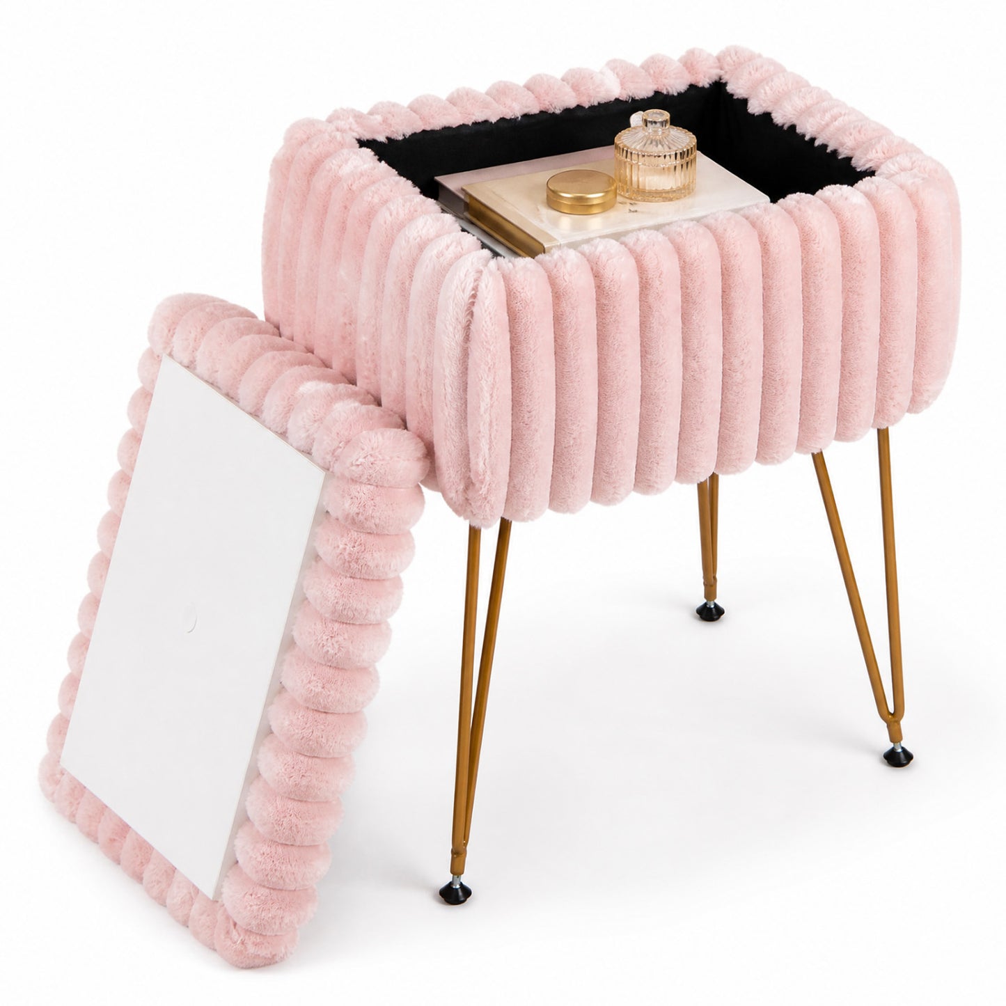 Vanity Stool with Storage and Reversible Lid Faux Fur Upholstered Ottoman-Pink