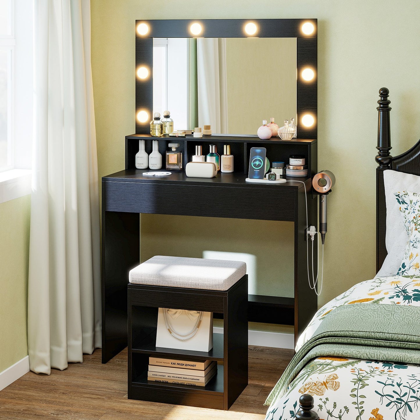 Vanity Table Set with Lighted Mirror and Cushion Stool-Black