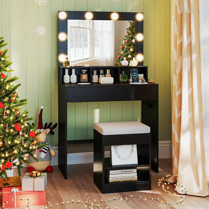 Vanity Table Set with Lighted Mirror and Cushion Stool-Black