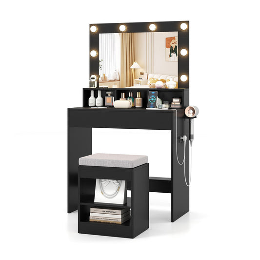 Vanity Table Set with Lighted Mirror and Cushion Stool-Black