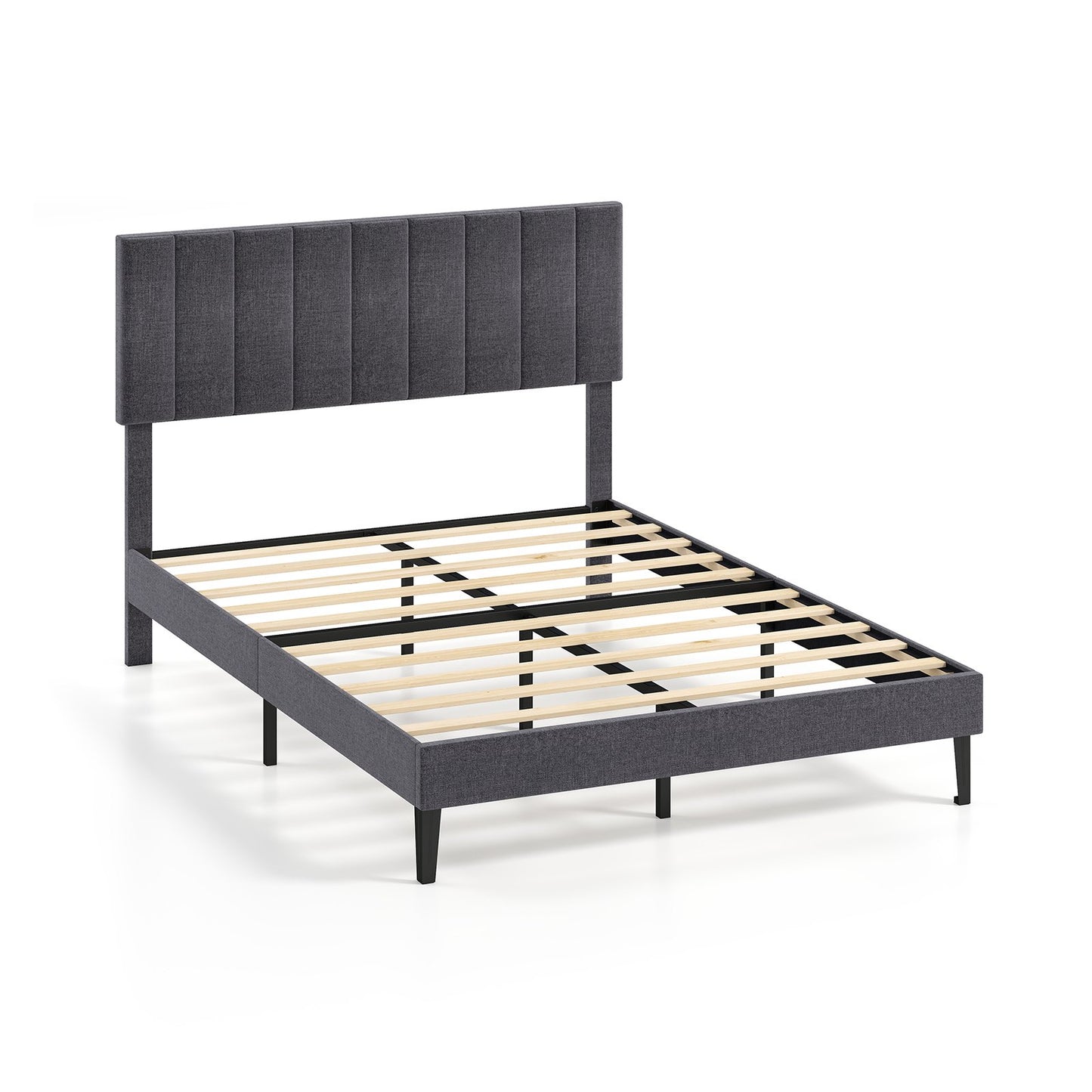 Velvet Upholstered Platform Bed with Height Adjustable Vertical Channel Headboard-Queen Size