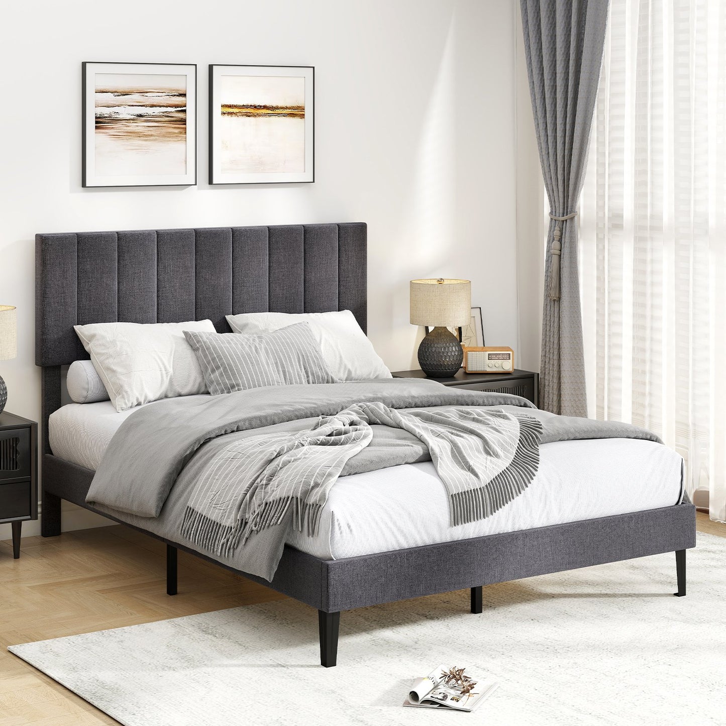 Velvet Upholstered Platform Bed with Height Adjustable Vertical Channel Headboard-Queen Size