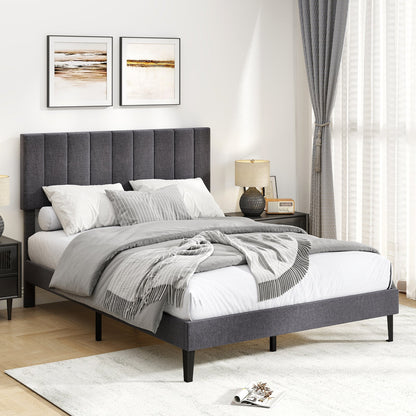 Velvet Upholstered Platform Bed with Height Adjustable Vertical Channel Headboard-Queen Size