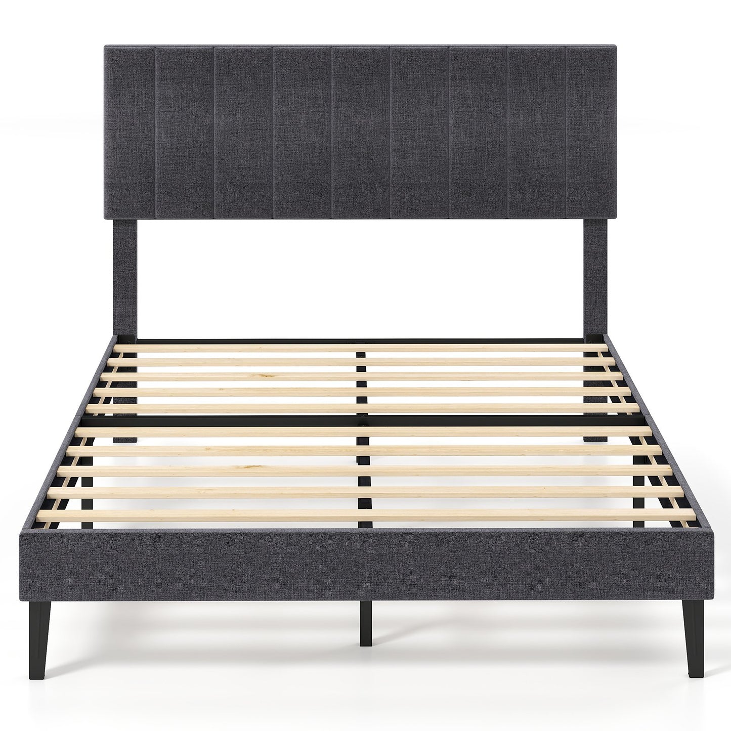 Velvet Upholstered Platform Bed with Height Adjustable Vertical Channel Headboard-Queen Size
