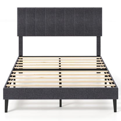 Velvet Upholstered Platform Bed with Height Adjustable Vertical Channel Headboard-Queen Size