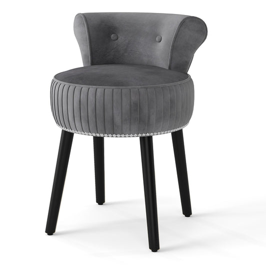 Velvet Vanity Chair with Back Upholstered Vanity Stool with Tufted Low Back and Solid Wood Legs-Gray