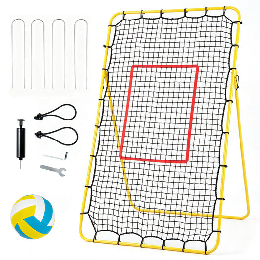 Wilson volleyball rebounder net with 4 adjustable angles for bumping and spiking practice, designed for indoor and outdoor use.