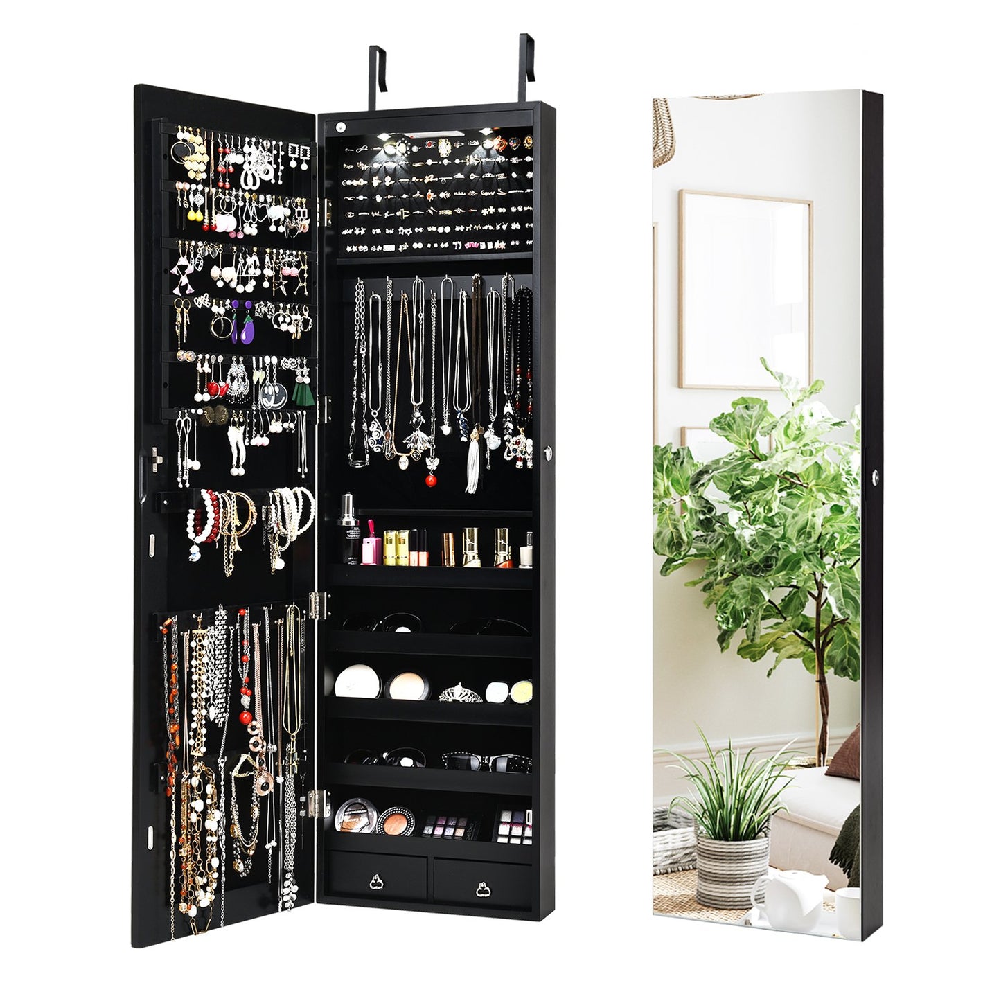 Wall And Door Mounted Mirrored Jewelry Cabinet With Lights-Black