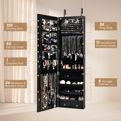 Wall And Door Mounted Mirrored Jewelry Cabinet With Lights-Black