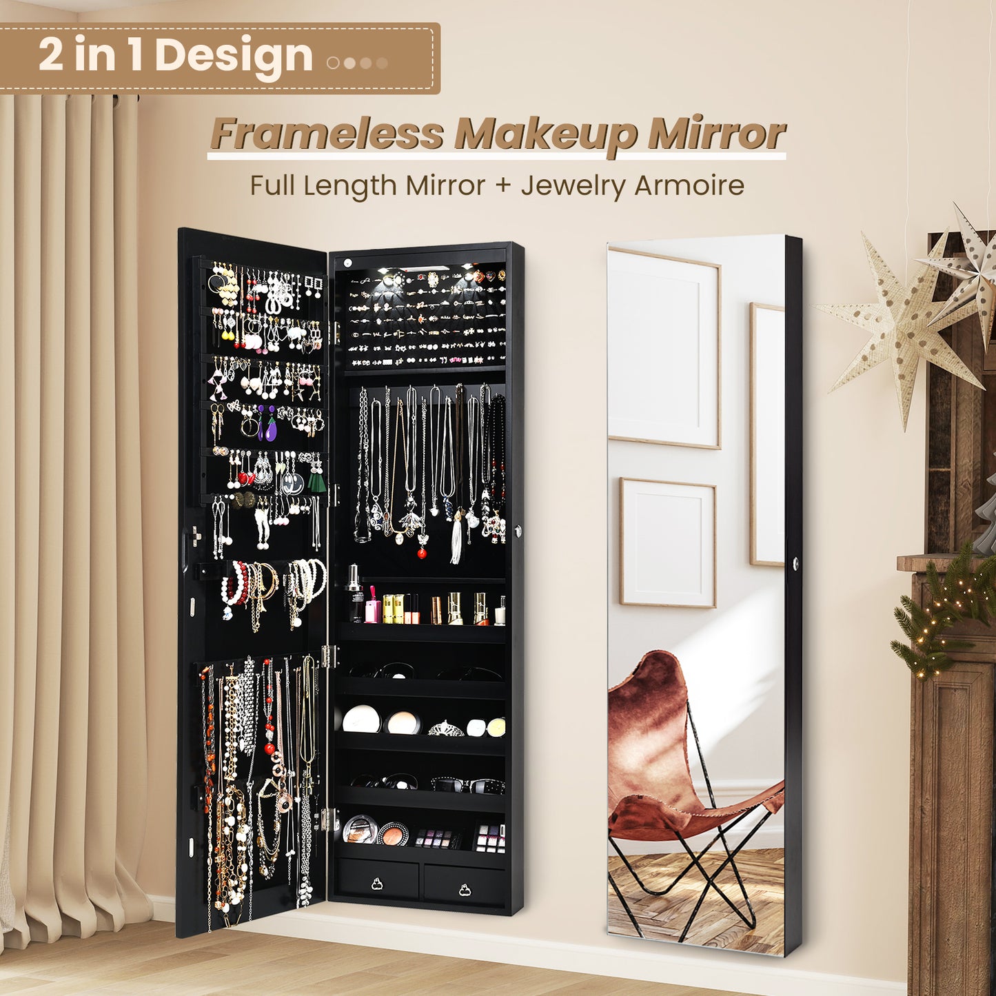 Wall And Door Mounted Mirrored Jewelry Cabinet With Lights-Black