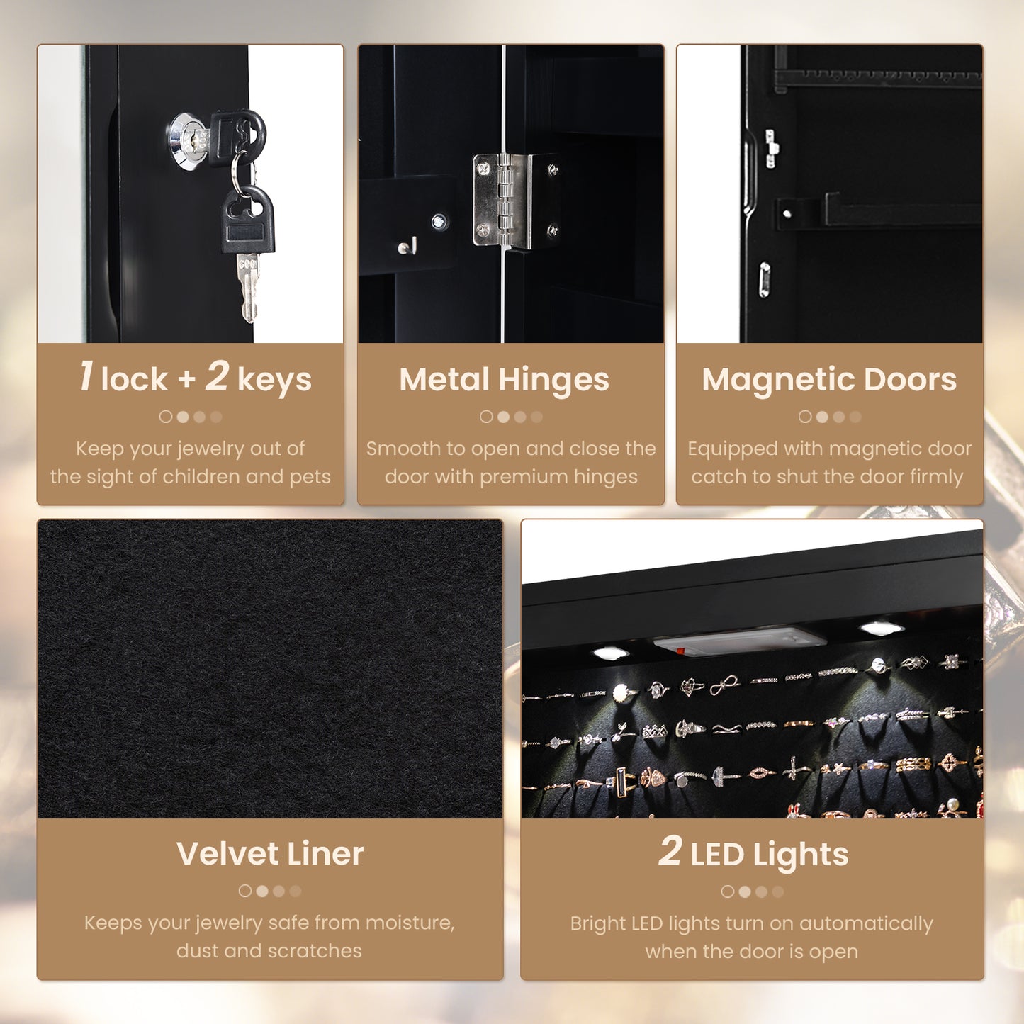 Wall And Door Mounted Mirrored Jewelry Cabinet With Lights-Black
